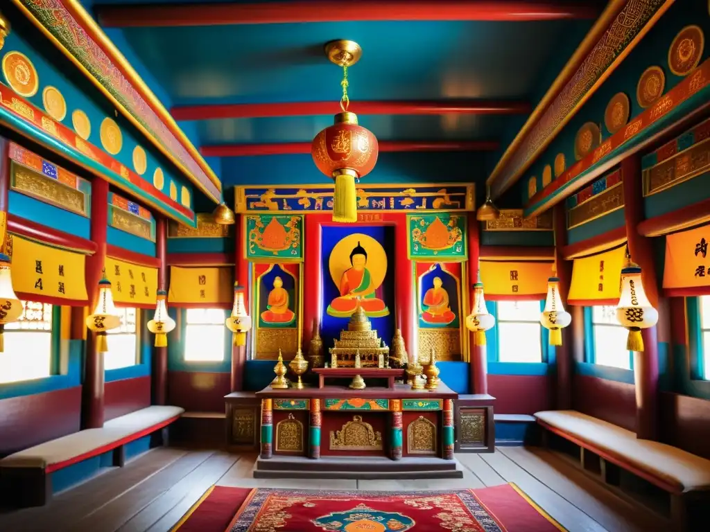 El interior de un templo budista mongol, con colores vibrantes y detalles intrincados, reflejando la religión en el arte mongol