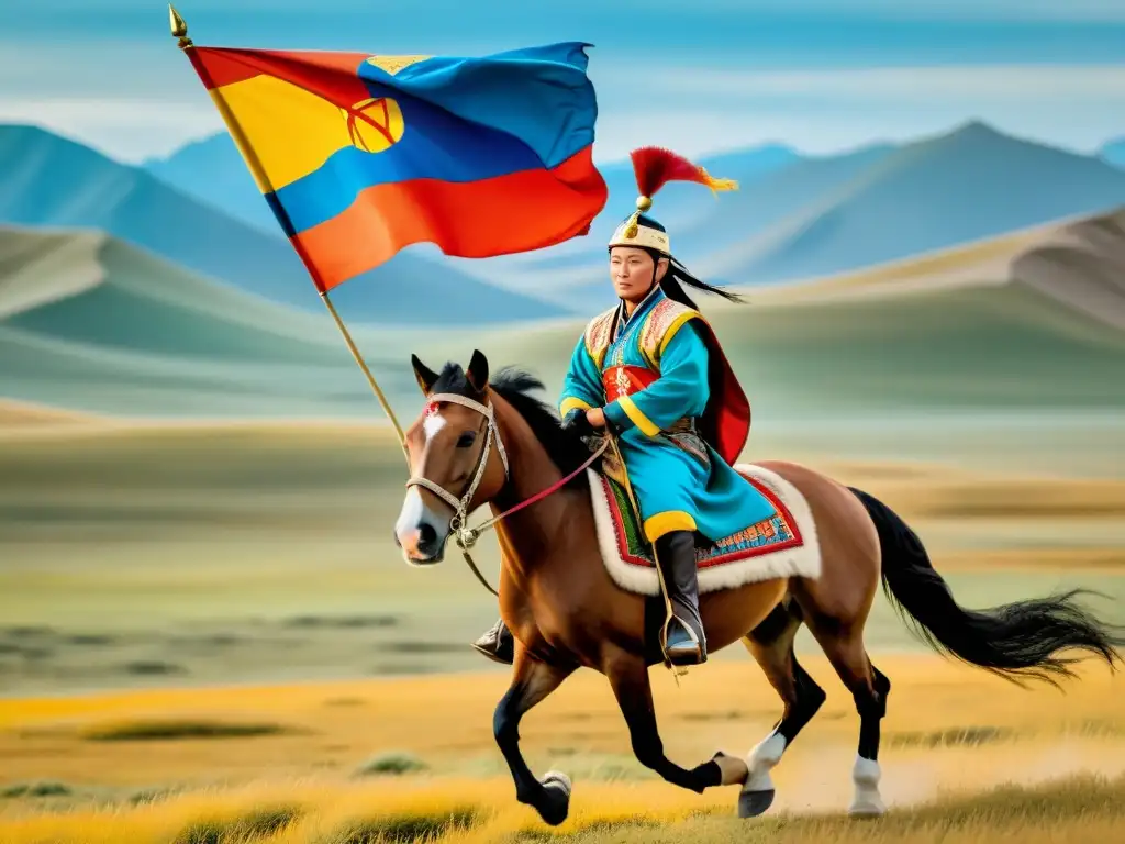 Un jinete mongol lleva en alto una colorida bandera mientras cabalga por la vasta estepa