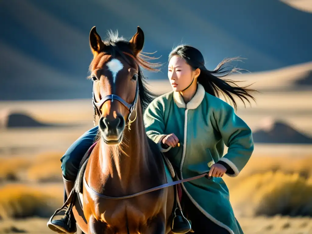 Un jinete mongol domando un caballo salvaje en la vasta estepa de Mongolia