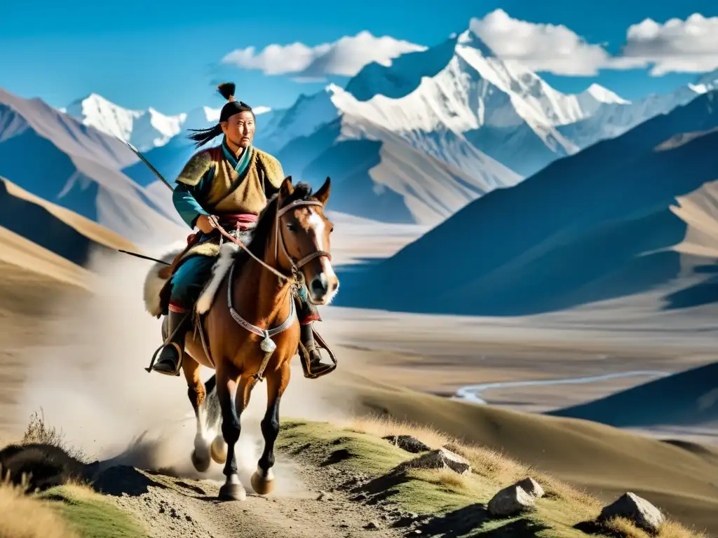 Rider Mongol en el Himalaya: Encuentro histórico en 8k Un jinete mongol cabalga por el terreno tibetano, con la majestuosa cordillera del Himalaya de fondo