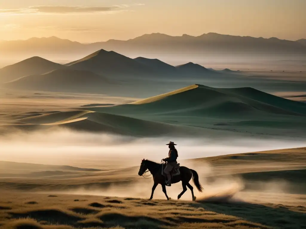 Un jinete solitario cabalga al amanecer por la estepa mongol, entre la neblina matutina y el paisaje desolado