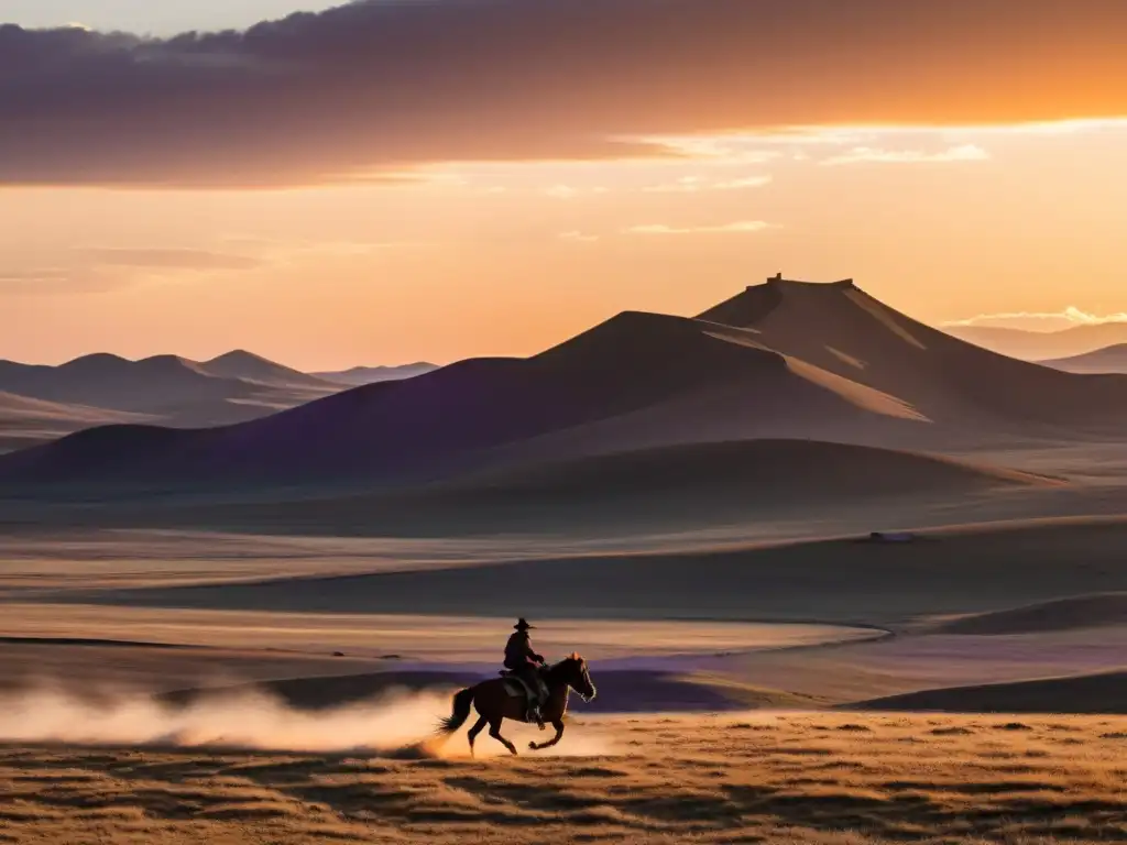 Un jinete solitario cabalga al atardecer por las estepas mongolas, evocando el uso del terror en campañas mongolas