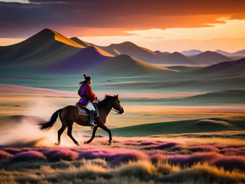 Un jinete solitario cabalga en la estepa mongola al atardecer, reflejando la grandeza y el declive del Imperio Mongol causas en la historia