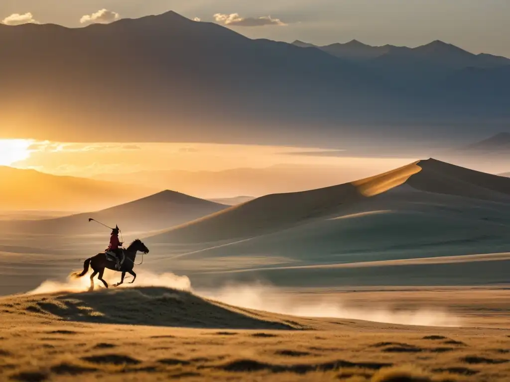 Un jinete solitario en la estepa mongola al atardecer, evocando la influencia del Padre de Genghis Khan