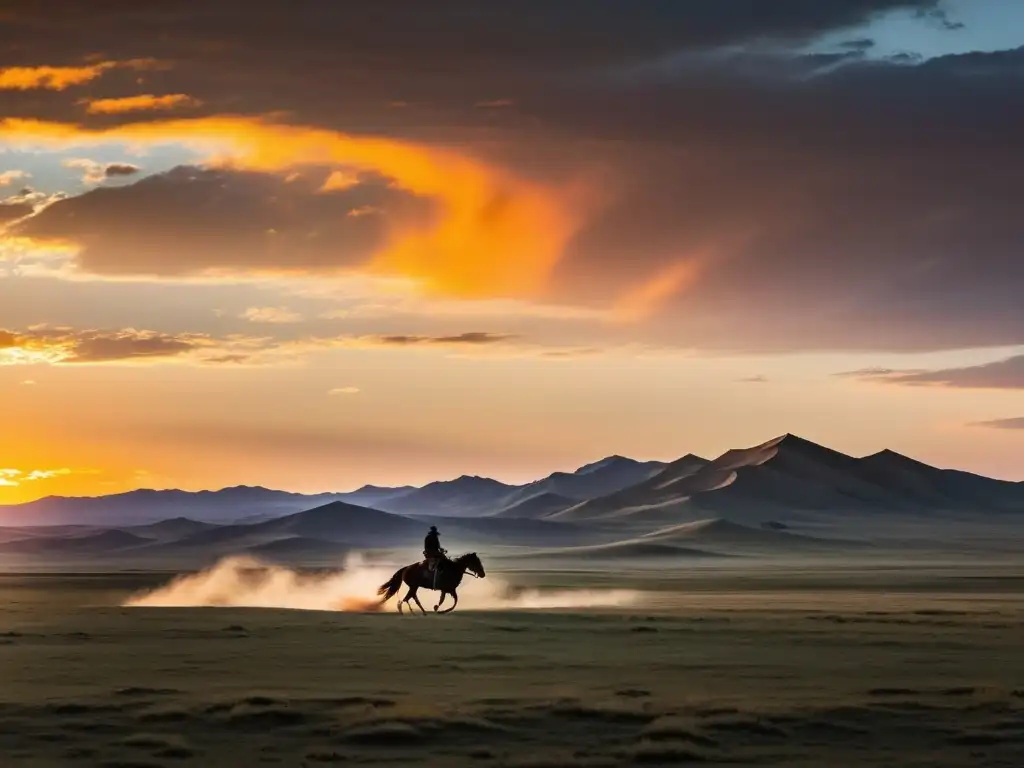 Un jinete solitario cabalga en la estepa mongol al atardecer, mostrando la vastedad del paisaje que influyó en el liderazgo en el Imperio Mongol