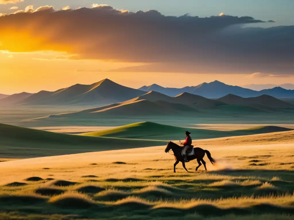 Un jinete solitario a caballo en la estepa mongola al atardecer, evocando el declive del Imperio Mongol con su majestuosidad y tranquilidad