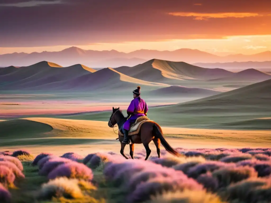 Un jinete solitario a caballo en las estepas de Mongolia al atardecer, evocando el legado de Jochi Khan y la paternidad en las vastas llanuras