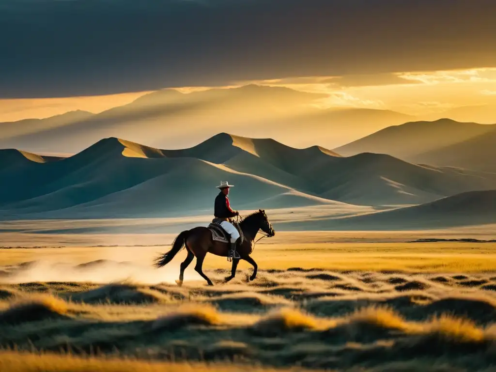 Un jinete solitario a caballo en las extensas estepas de Mongolia al atardecer, evocando la libertad y resistencia de Kaidu Khan, el último desafiante del imperio