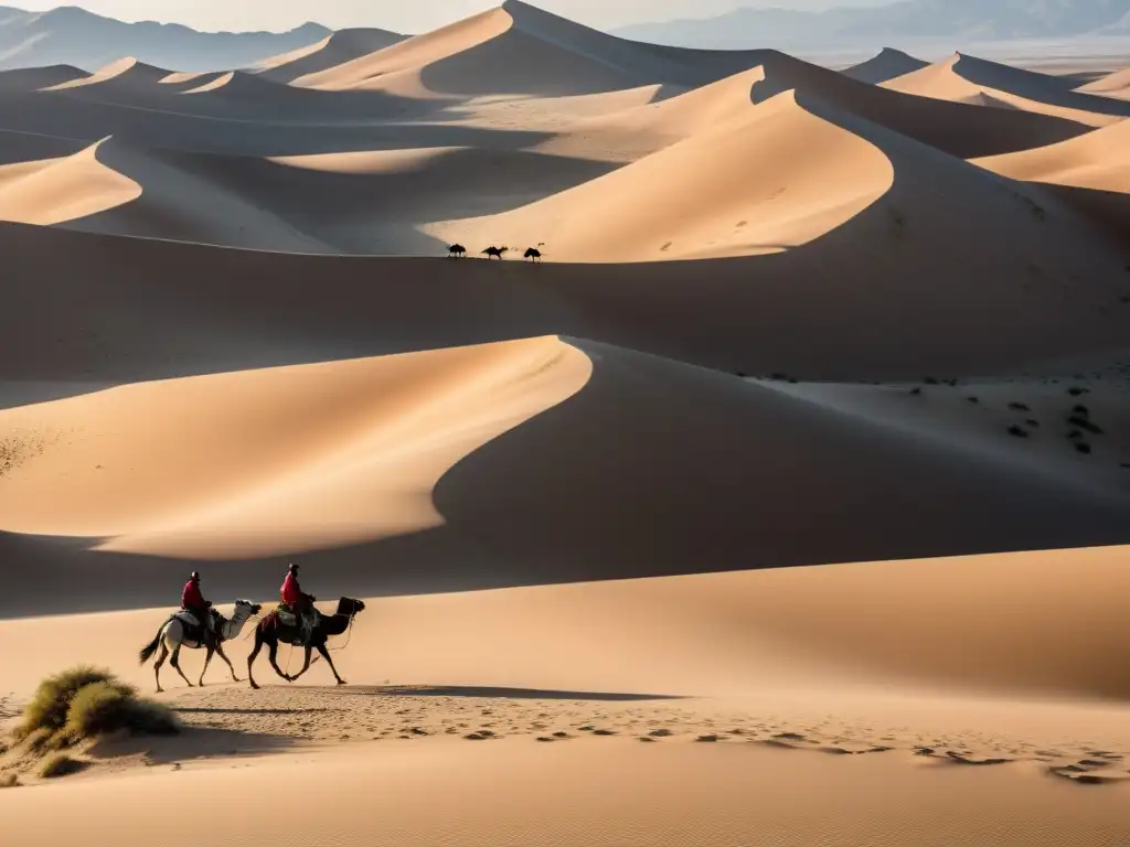 Un jinete solitario a caballo atraviesa un vasto paisaje desértico con dunas de arena, seguido por una caravana de camellos