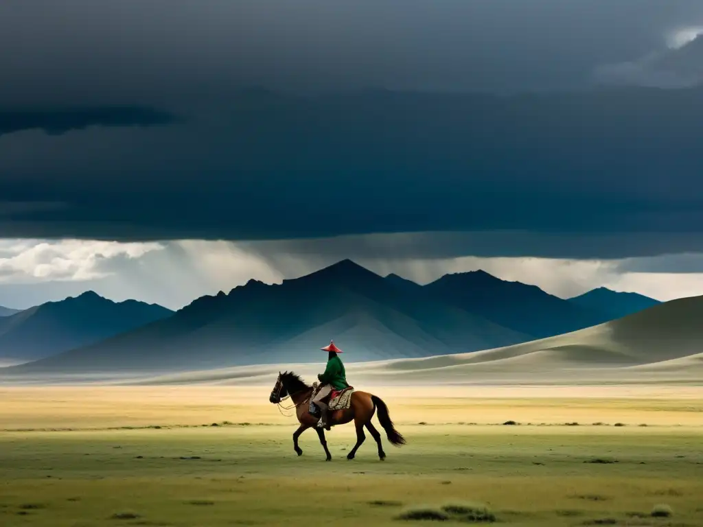 Un jinete solitario cabalga en la desolada estepa mongola, con sus ropas tradicionales ondeando al viento, hacia las montañas distantes