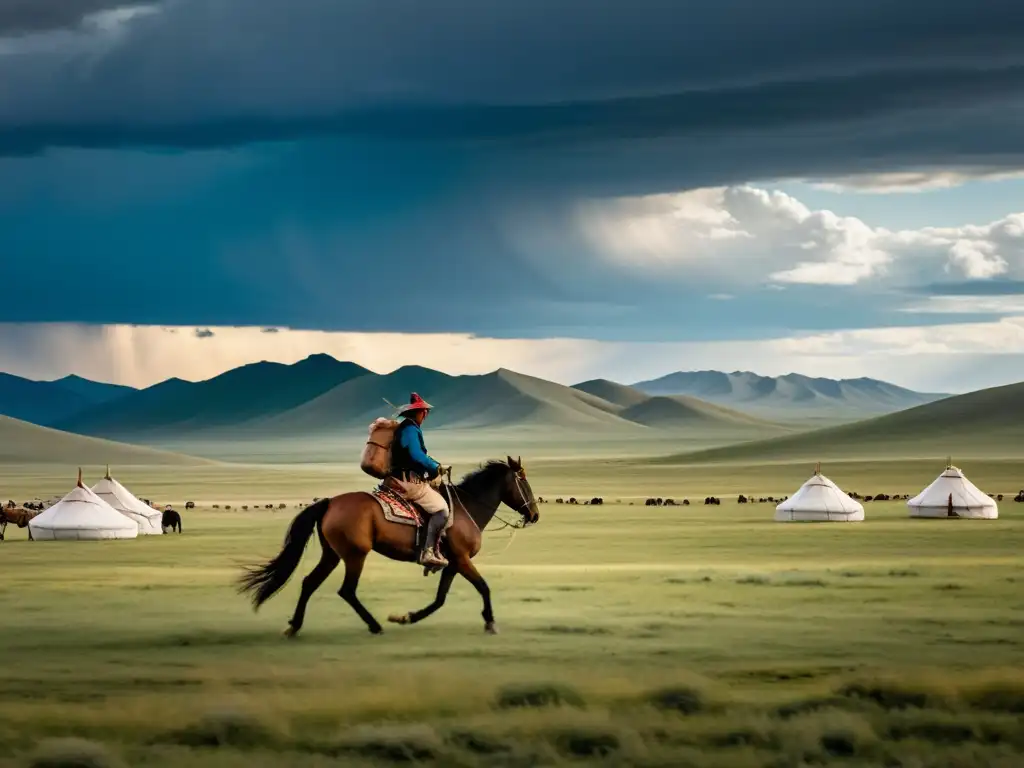 Un jinete solitario galopa por las estepas de Mongolia, resaltando la importancia del Sistema de mensajería en el Imperio Mongol