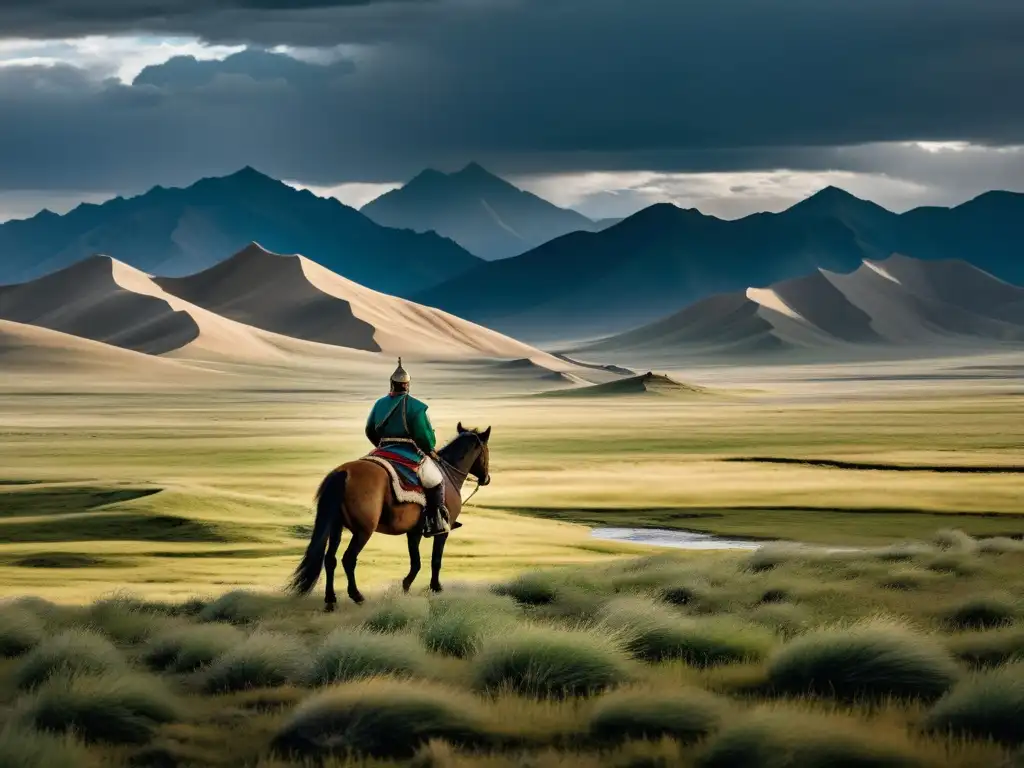 Un jinete solitario en un paisaje desolado, evocando las tácticas psicológicas del Imperio Mongol