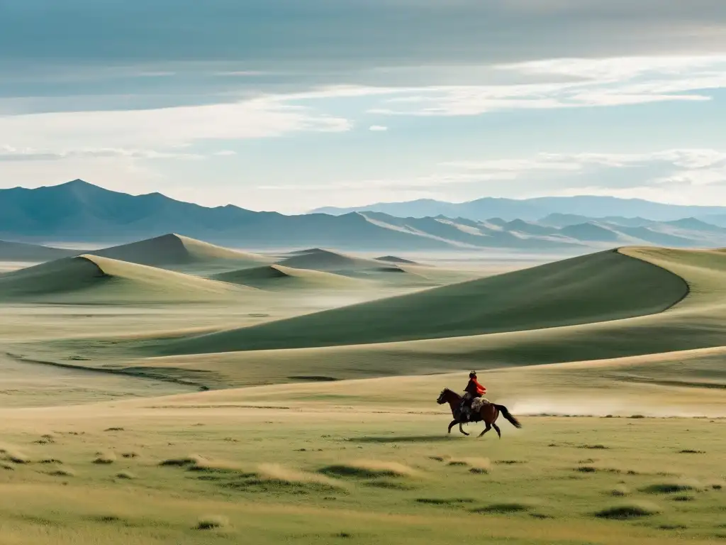 Un jinete solitario galopa a través de la vasta estepa mongola, evocando la épica del Correo en el Imperio Mongol