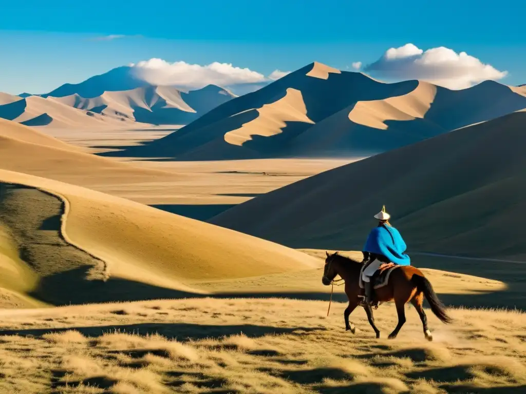 Un jinete solitario cabalga a través del vasto paisaje mongol, con un cielo azul y nubes blancas