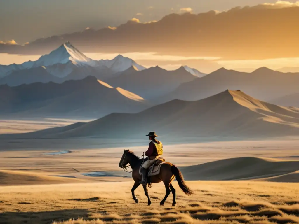 Un jinete solitario en la estepa mongol, con la tumba de Genghis Khan misteriosa en mente, en un atardecer dorado