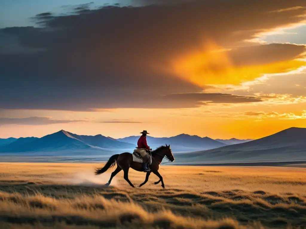 Un jinete solitario cabalga en la vasta estepa mongola al atardecer, capturando el legado épico de Genghis Khan