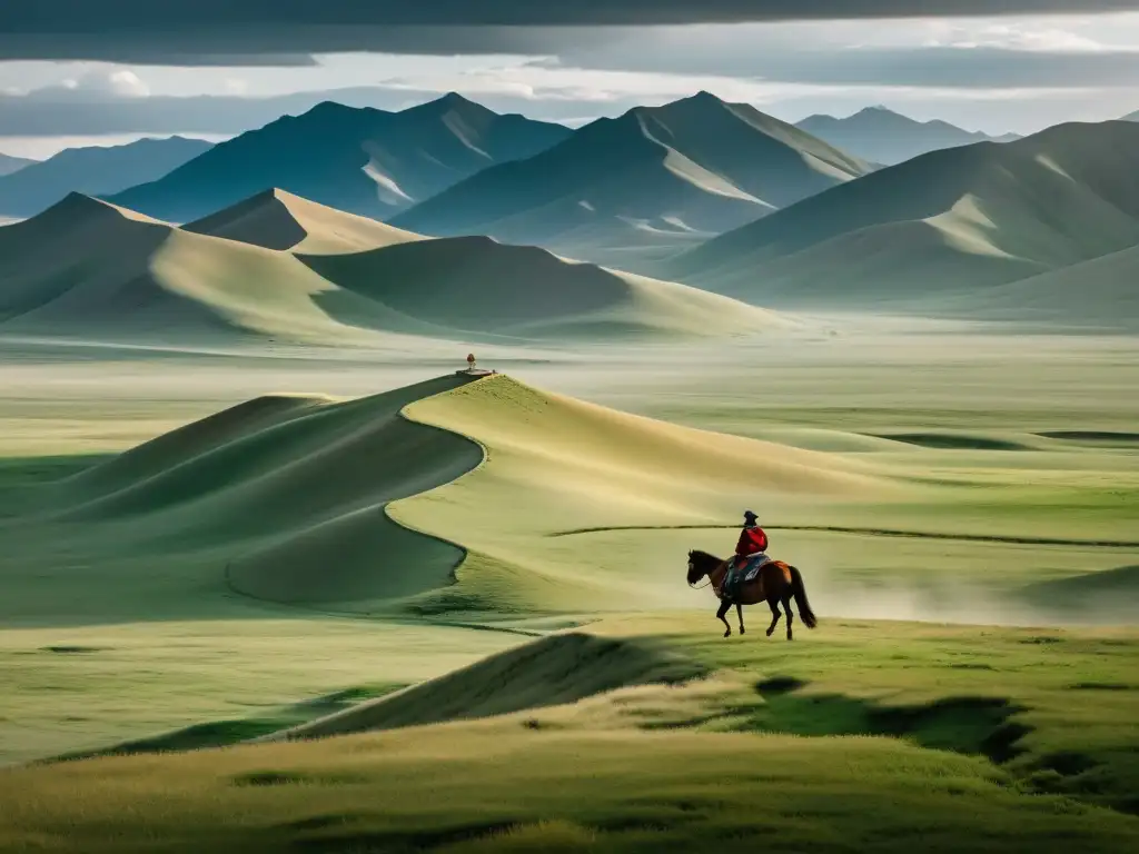 Un jinete solitario en la vasta estepa de Mongolia bajo un cielo nublado