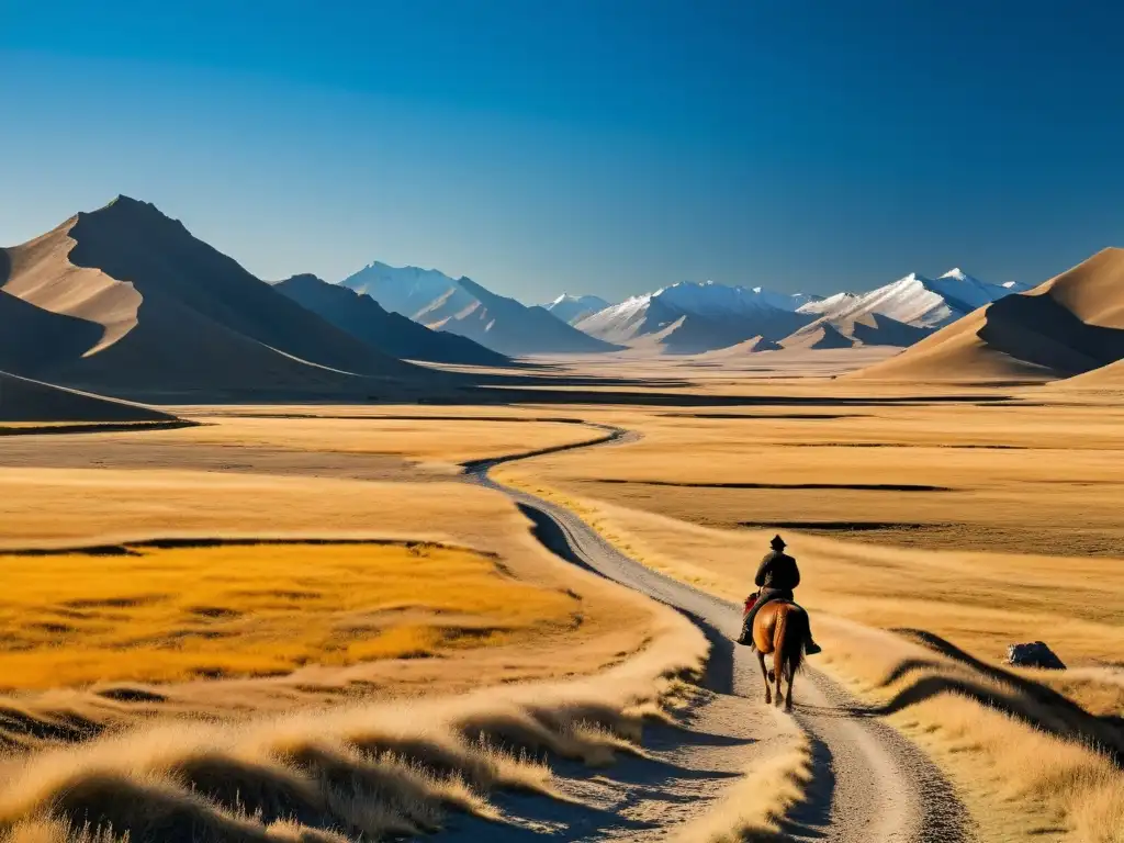 Un jinete solitario cabalga en la vasta estepa mongola bajo un cielo azul claro, evocando la profunda historia del Imperio Mongol