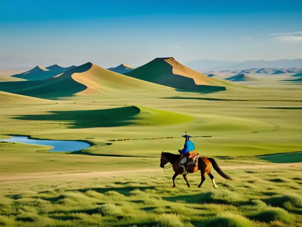 Un jinete solitario contempla la vasta estepa mongola bajo el cielo azul, evocando la descendencia Genghis Khan y la diversidad religiosa