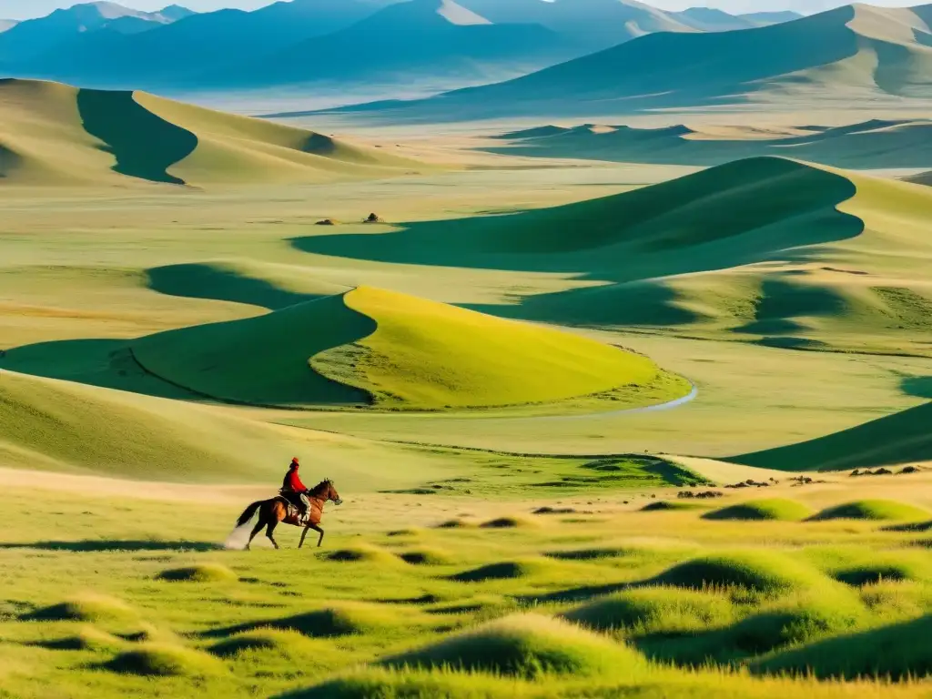 Un jinete solitario atraviesa la vasta estepa mongola, evocando el espíritu del Sistema de mensajería en el Imperio Mongol