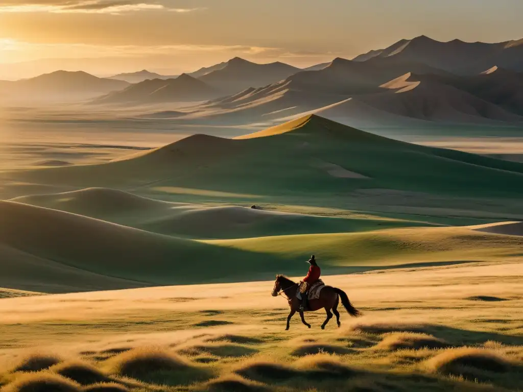 Un jinete solitario contempla la transformación de Gengis Khan en la vasta estepa mongol al atardecer