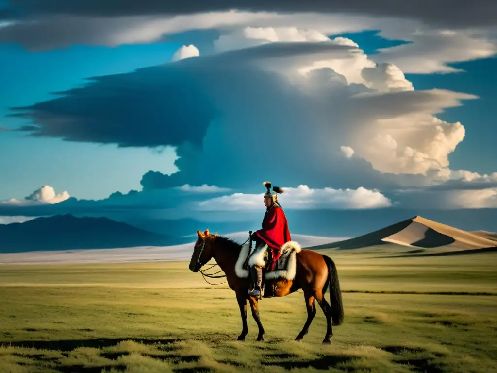 Un jinete solitario en la vasta estepa mongola, evocando las enseñanzas de Gengis Khan en desarrollo personal