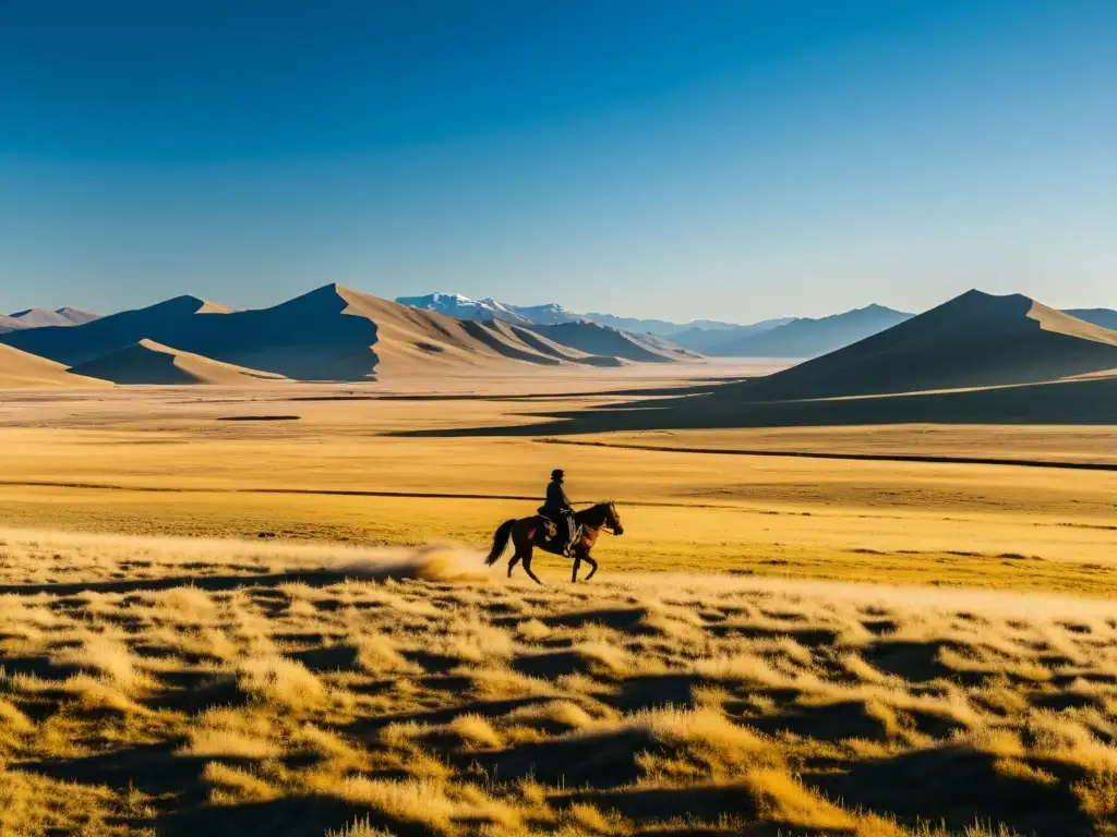 Un jinete solitario cabalga por las vastas estepas de Mongolia, con las montañas en la distancia