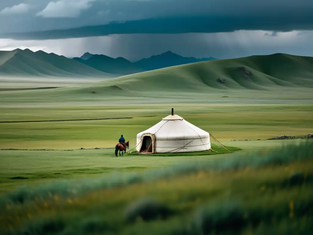 Un jinete solitario en las vastas estepas de Mongolia bajo un cielo nublado