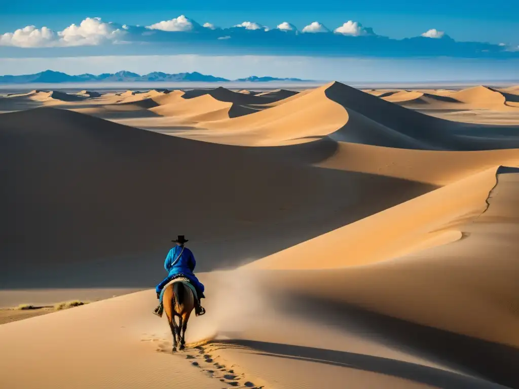 Un jinete solitario en el vasto desierto del Gobi, estrategias conquista Imperio Mongol palpables en el horizonte dorado