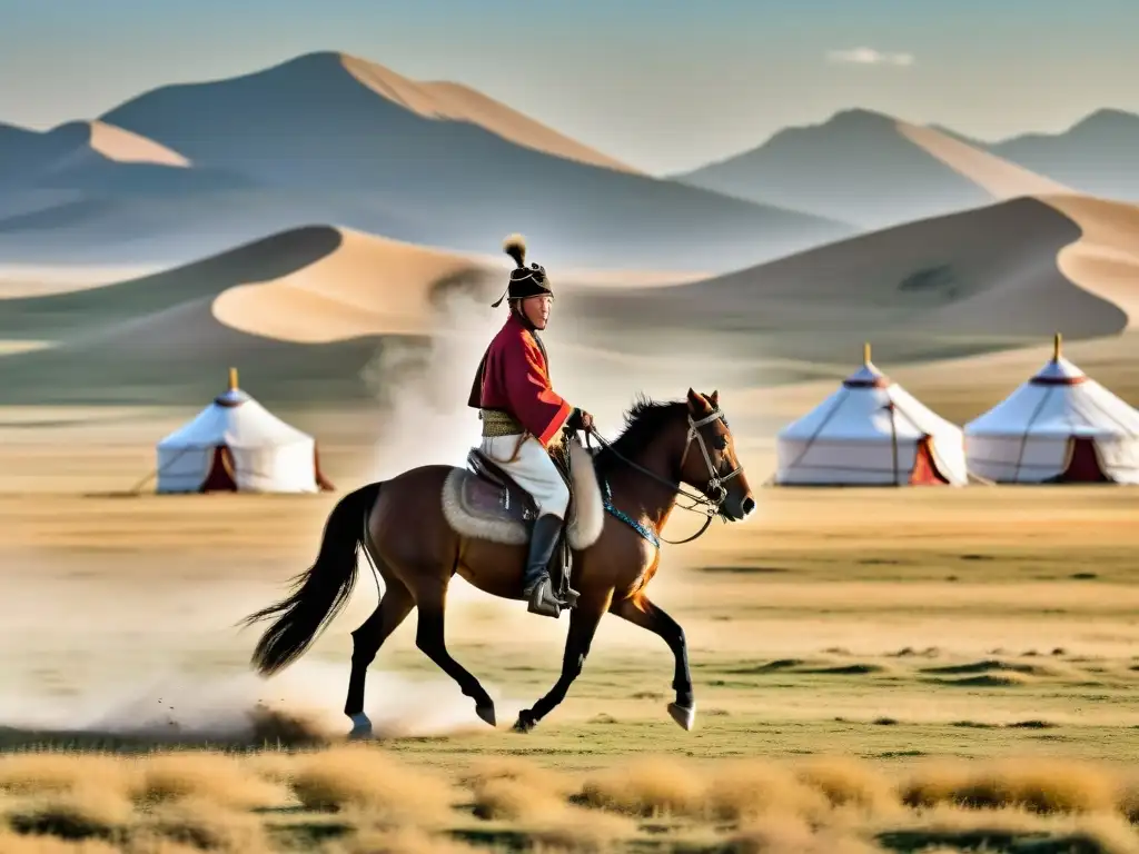 Un jinete mongol galopa en la estepa, con tiendas yurta de fondo