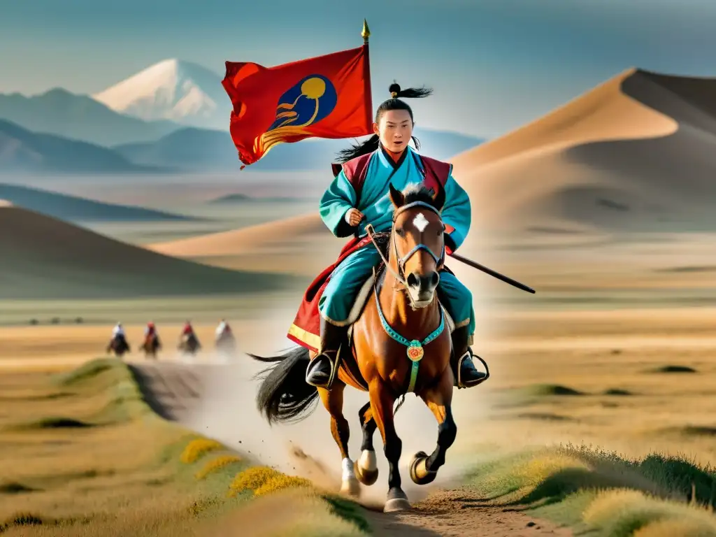 Un jinete mongol galopa por las vastas estepas sosteniendo un estandarte, mientras yurtas salpican el terreno
