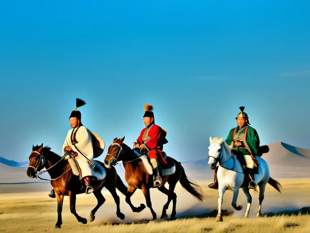 Los jinetes mongoles atraviesan la estepa, combinando tradición y tecnología en el Sistema de señales Imperio Mongol