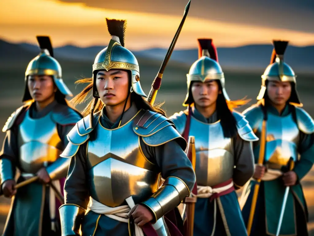 Jóvenes guerreros mongoles en la estepa al atardecer Jóvenes guerreros del Imperio Mongol en formación, listos con arcos y flechas bajo la cálida luz del atardecer en la estepa