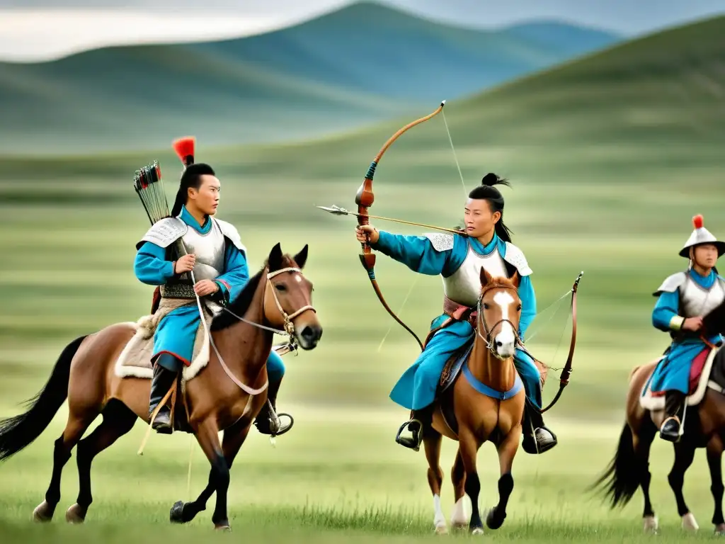 Guerreros mongoles a caballo practicando arquería en las llanuras Jóvenes guerreros del Imperio Mongol practicando arquería a caballo en las extensas llanuras, mostrando su entrenamiento militar y herencia marcial