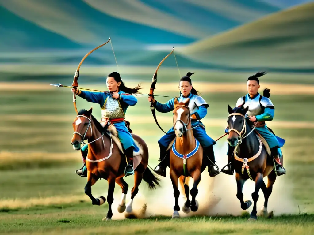 Jóvenes guerreros mongoles practicando tiro con arco a caballo Jóvenes guerreros del Imperio Mongol practican arquería a caballo en la vasta estepa