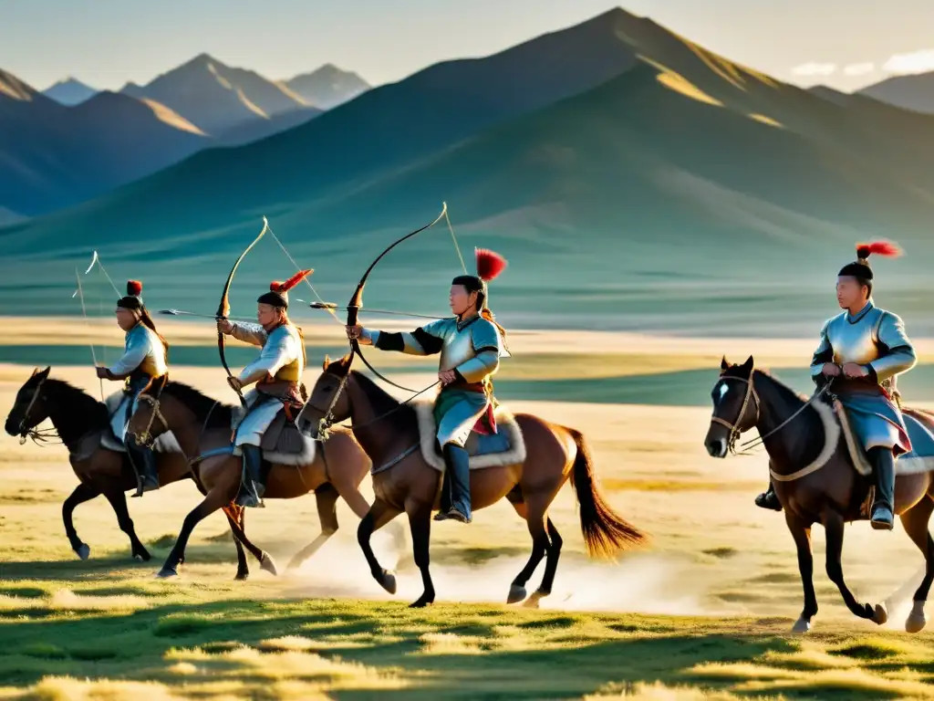 Soldados mongoles practicando arquería a caballo al atardecer Jóvenes soldados del Imperio Mongol practicando tiro con arco a caballo en las vastas estepas, bajo el cálido resplandor dorado del sol poniente