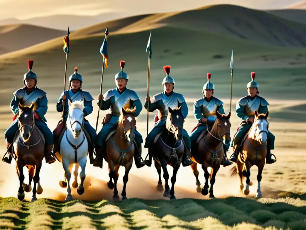 Jóvenes soldados mongoles galopando al atardecer Jóvenes soldados del Imperio Mongol galopan en la vasta estepa al atardecer, mostrando su entrenamiento militar ancestral