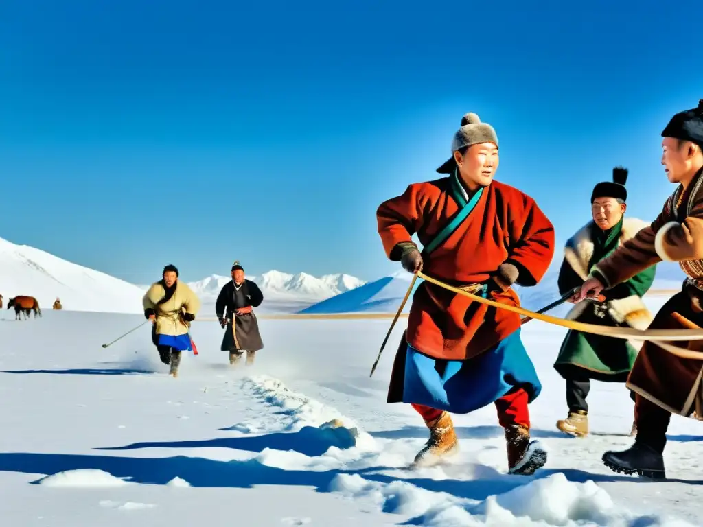 Juegos de invierno en Mongolia: Nomadas disfrutando de tradicionales competencias invernales en las nevadas estepas