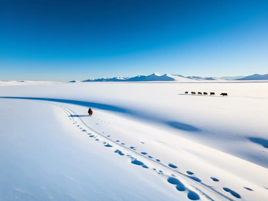 Juegos de invierno en Mongolia: pastores nómadas llevan su ganado por la extensa estepa nevada, bajo el cielo azul invernal