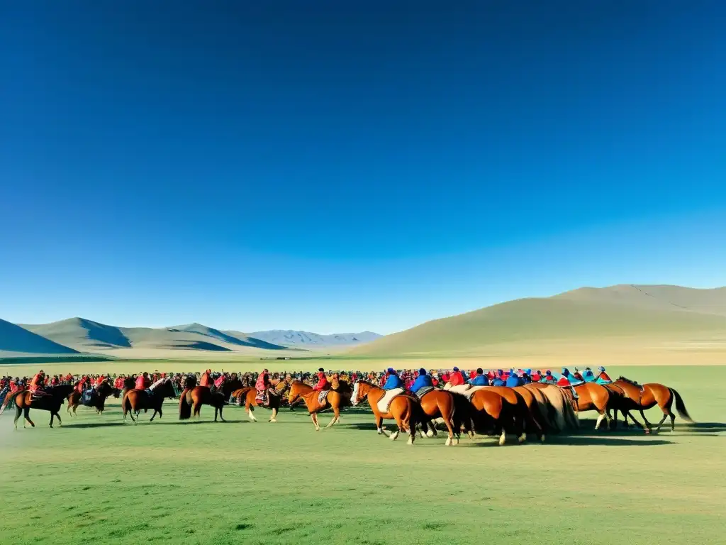 Juegos nómadas cultura Mongola: Nomadas mongolos participando en tradicionales juegos en un vasto paisaje con colinas y cielo azul