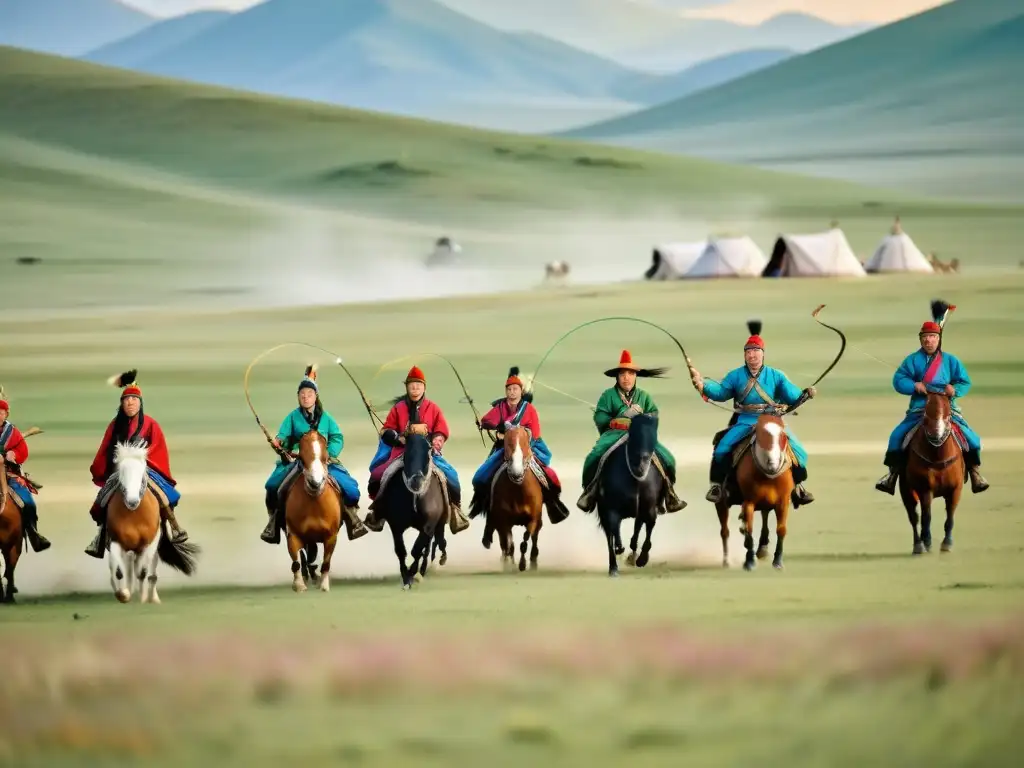 Juegos nómadas en el Imperio Mongol: Tradiciones vivas en la estepa mongola, con arquería a caballo y colores vibrantes