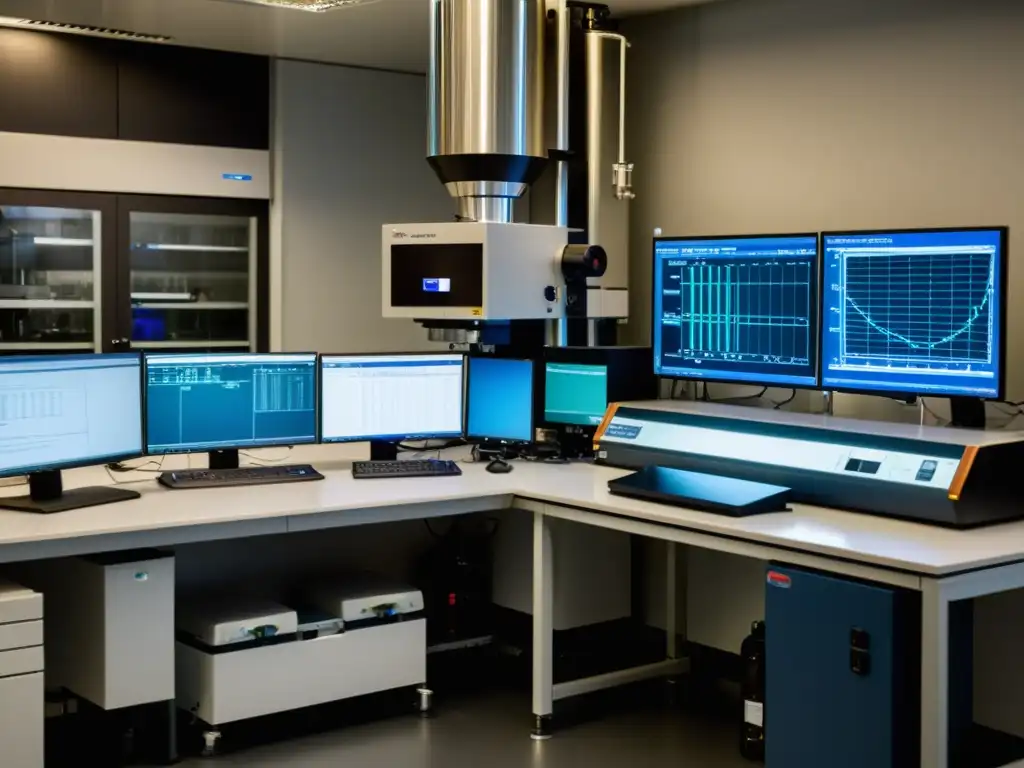 Un laboratorio lleno de actividad científica, con un espectrómetro de masas en funcionamiento y datos de análisis de aleaciones mongoles en pantalla