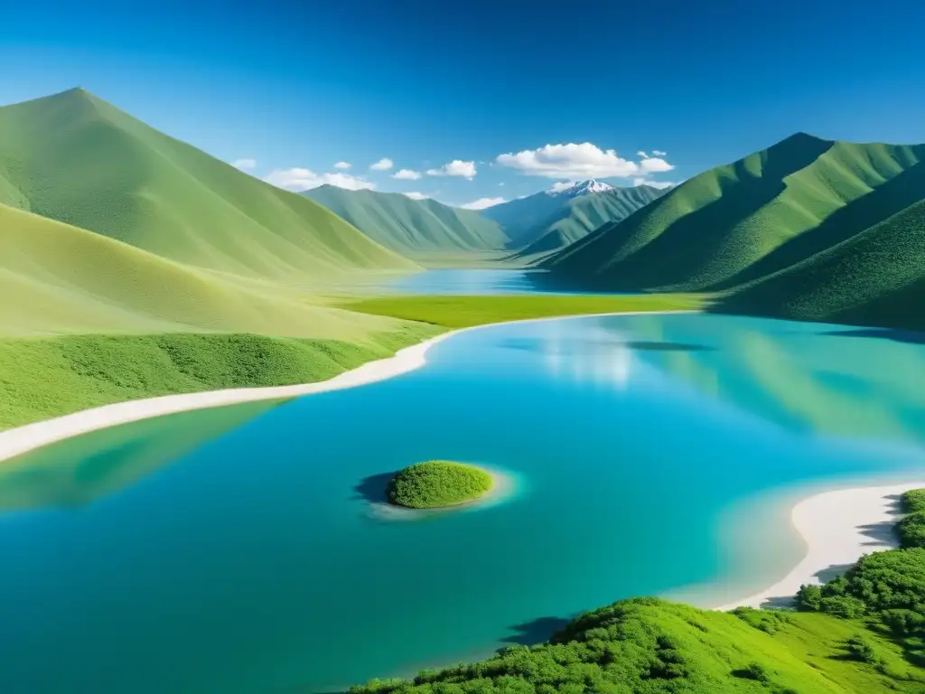 Un lago cristalino rodeado de montañas verdes en Mongolia, con un bote solitario en la superficie