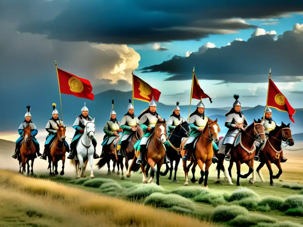 Legado cultural y conquistas mongolas: Ejército de Genghis Khan cabalgando por las estepas de Mongolia, con un cielo dramático de fondo