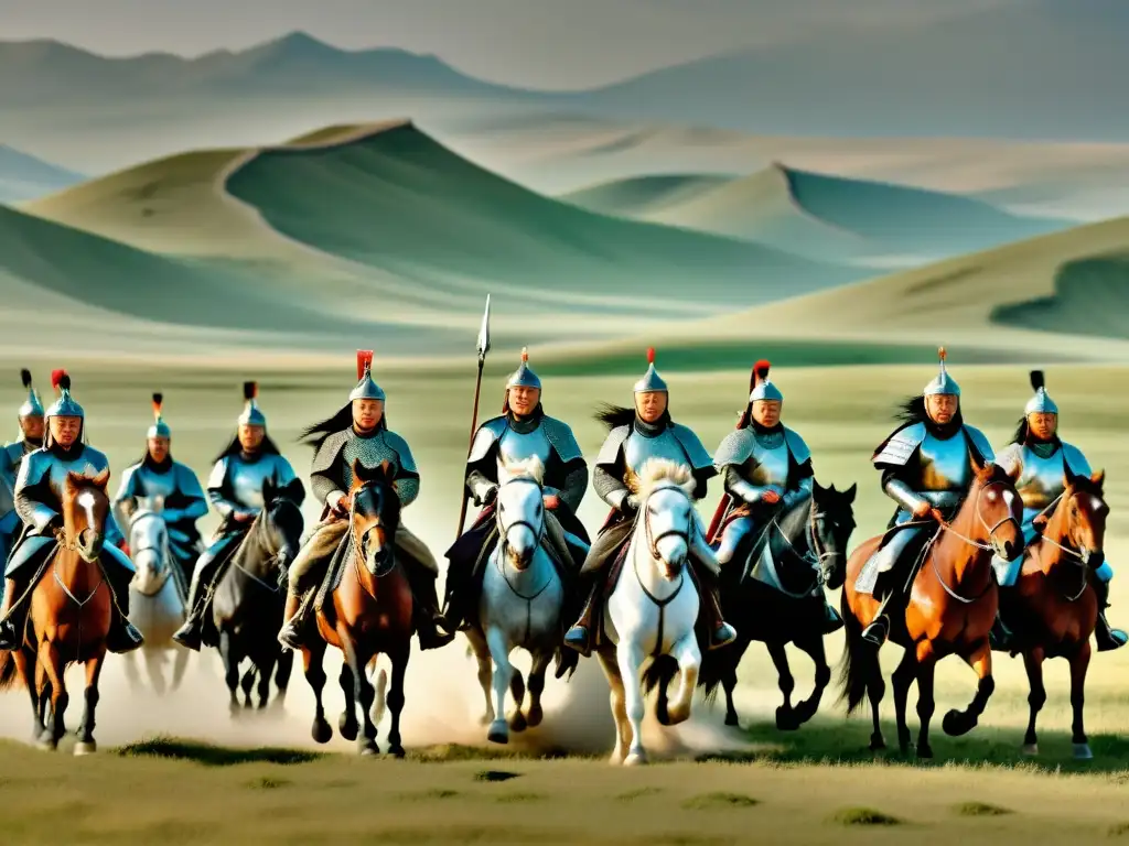 Legado de Genghis Khan: Imagen detallada de su ejército a caballo en las estepas mongoles, evocando su poderío y legado histórico