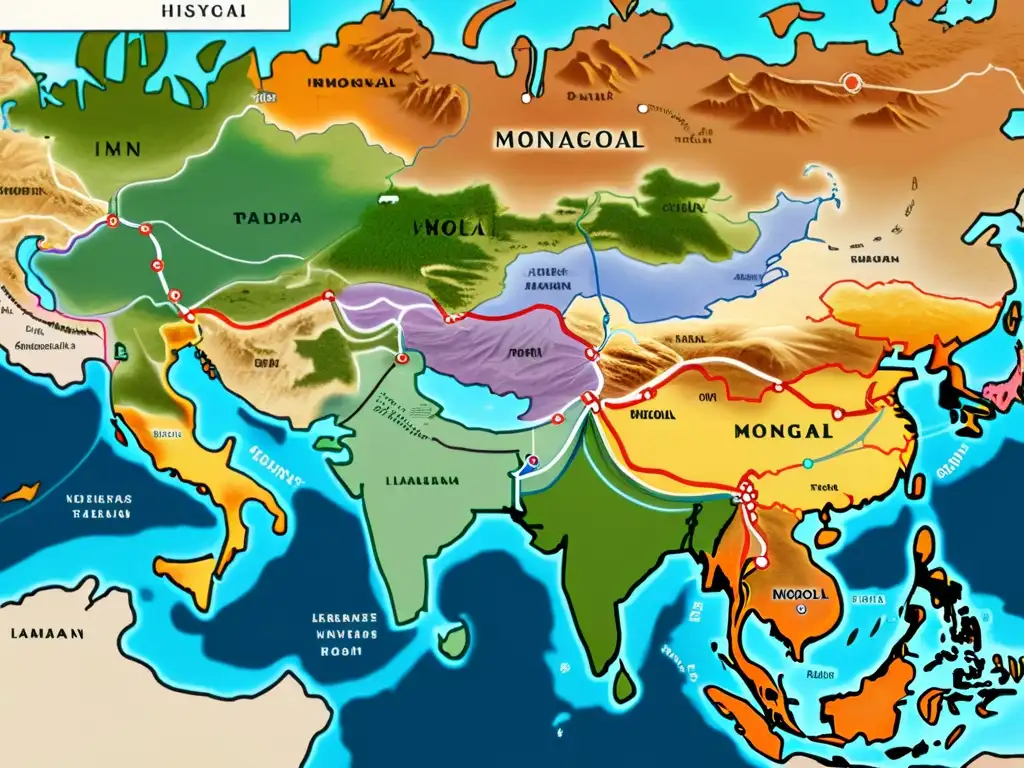 Descubre el legado del Imperio Mongol en esta detallada y vibrante imagen de las antiguas rutas comerciales