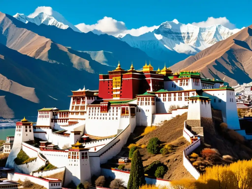 El legado de Kublai Khan en Tíbet: el majestuoso Palacio de Potala, rodeado de montañas nevadas, con detalles arquitectónicos y banderas de oración