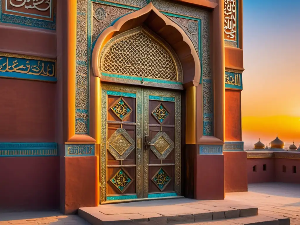 Legado Mongol en Tierras Islámicas: Puerta tallada de una mezquita histórica con patrones geométricos, iluminada por un vibrante atardecer dorado