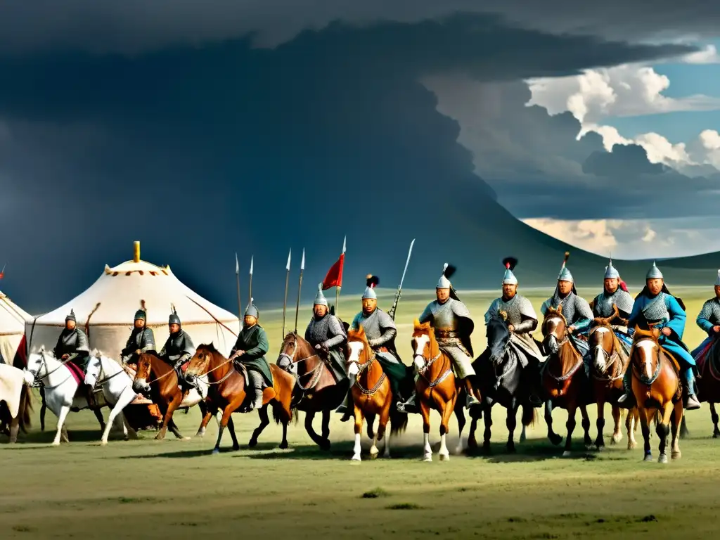 El legado de Gengis Khan en Asia cobra vida: un vasto ejército mongol a caballo, con yurtas al fondo, bajo un cielo dramático