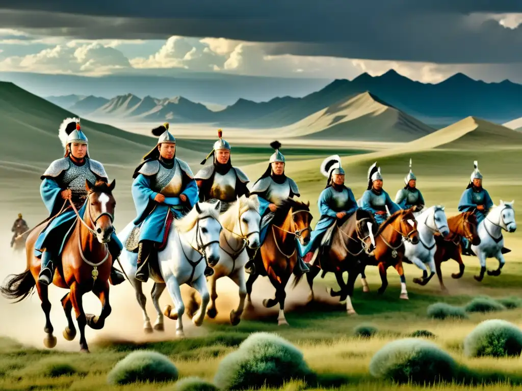 El legendario ejército de Genghis Khan avanza por el paisaje montañoso de Mongolia, mostrando detalles intrincados y determinación feroz